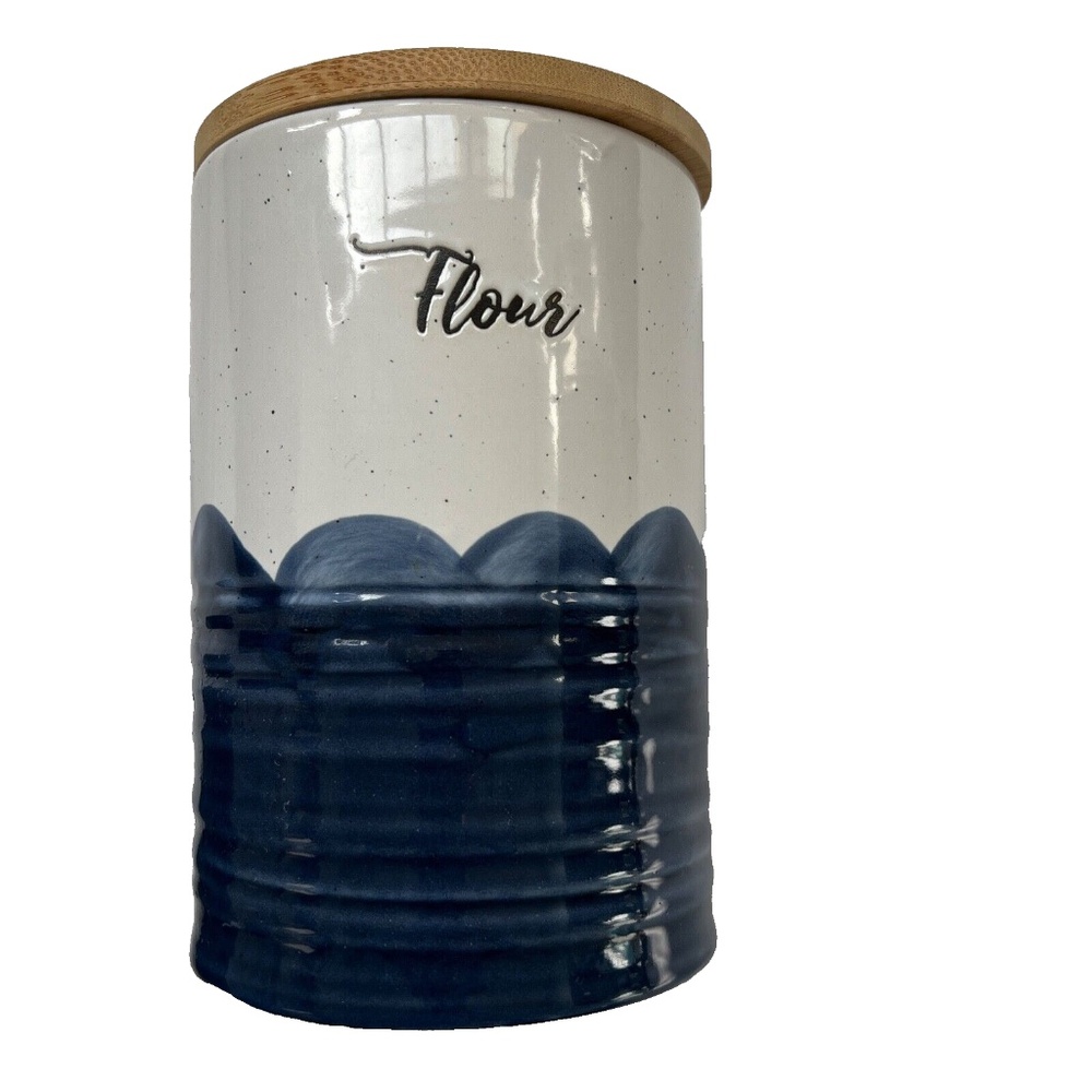 Sheffield Home Flour Canister Pottery Blue Gray Wood Lid 7" Tall Kitchen Storage